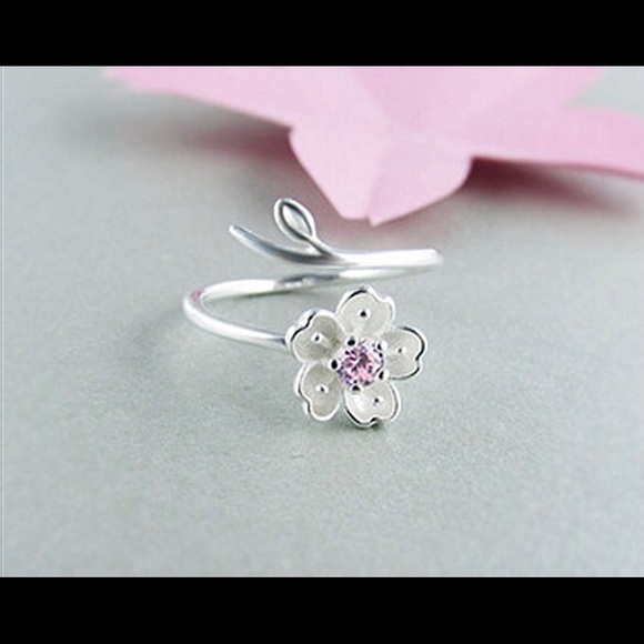 Sterling Silver Cherry Blossom Adjustable Ring 925 - Picture 4 of 4